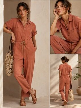Calista Rust Utility Jumpsuit 100% Cotton Size Small